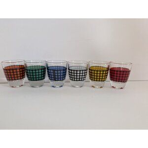 6 Houndstooth Pattern Shot Glasses Multicolor 2 Oz Vintage Barware Glassware